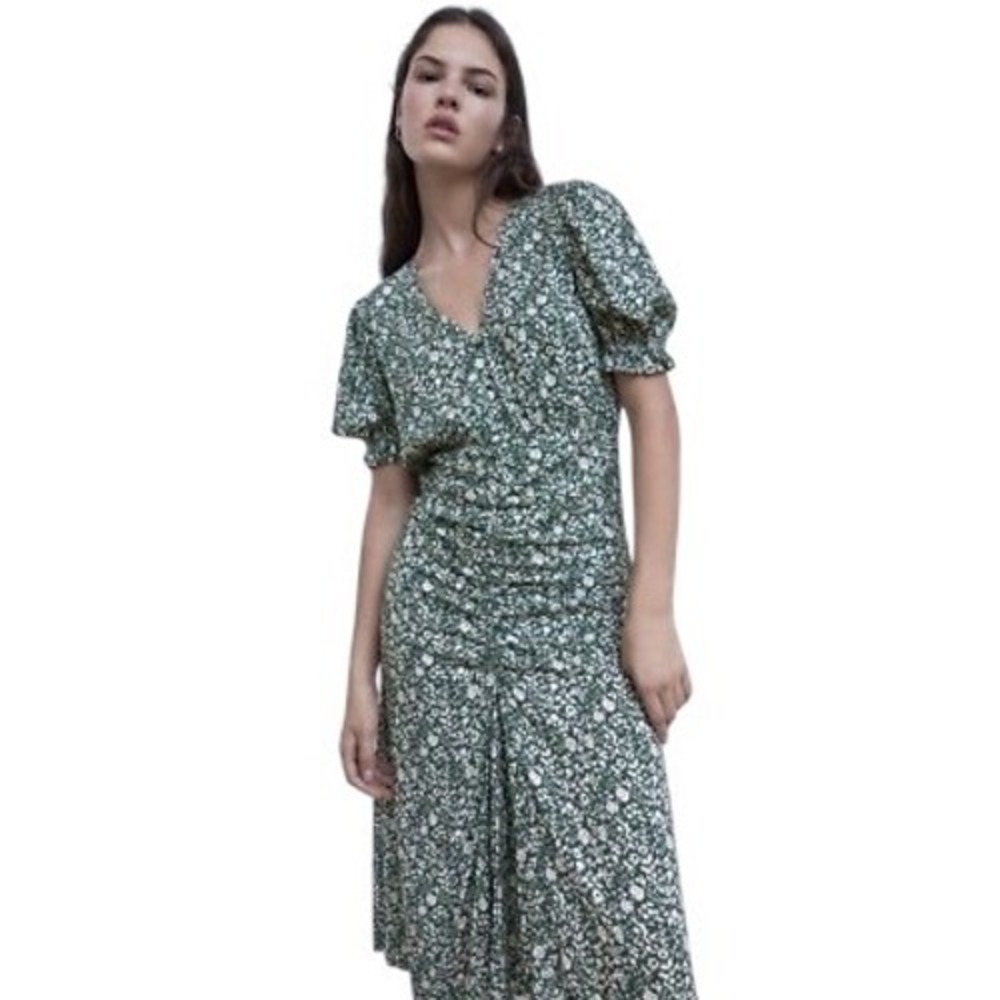 Zara Floral Green Gathered Midi Dress V-Neck Puff Sleeve Cottagecore Prairie XS
